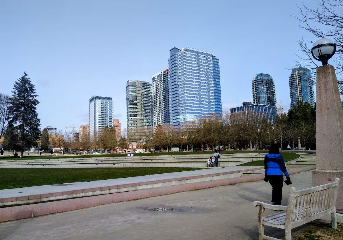 Aerial view of the Bellevue, Washington skyline, highlighting modern apartment complexes.