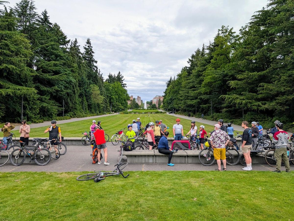 Cyclists on the Cross Kirkland Corridor trail, a paved multi-use path with trees alongside