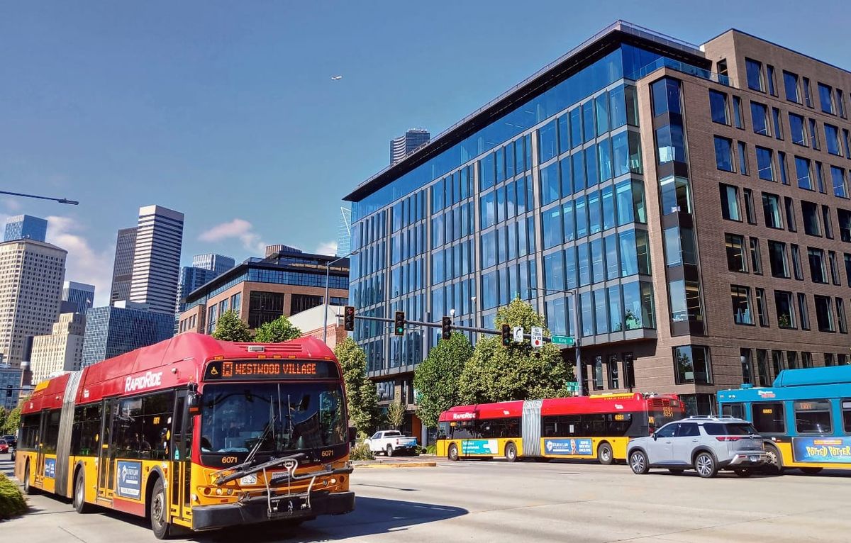 A King County Metro bus operating on a city street in Seattle.