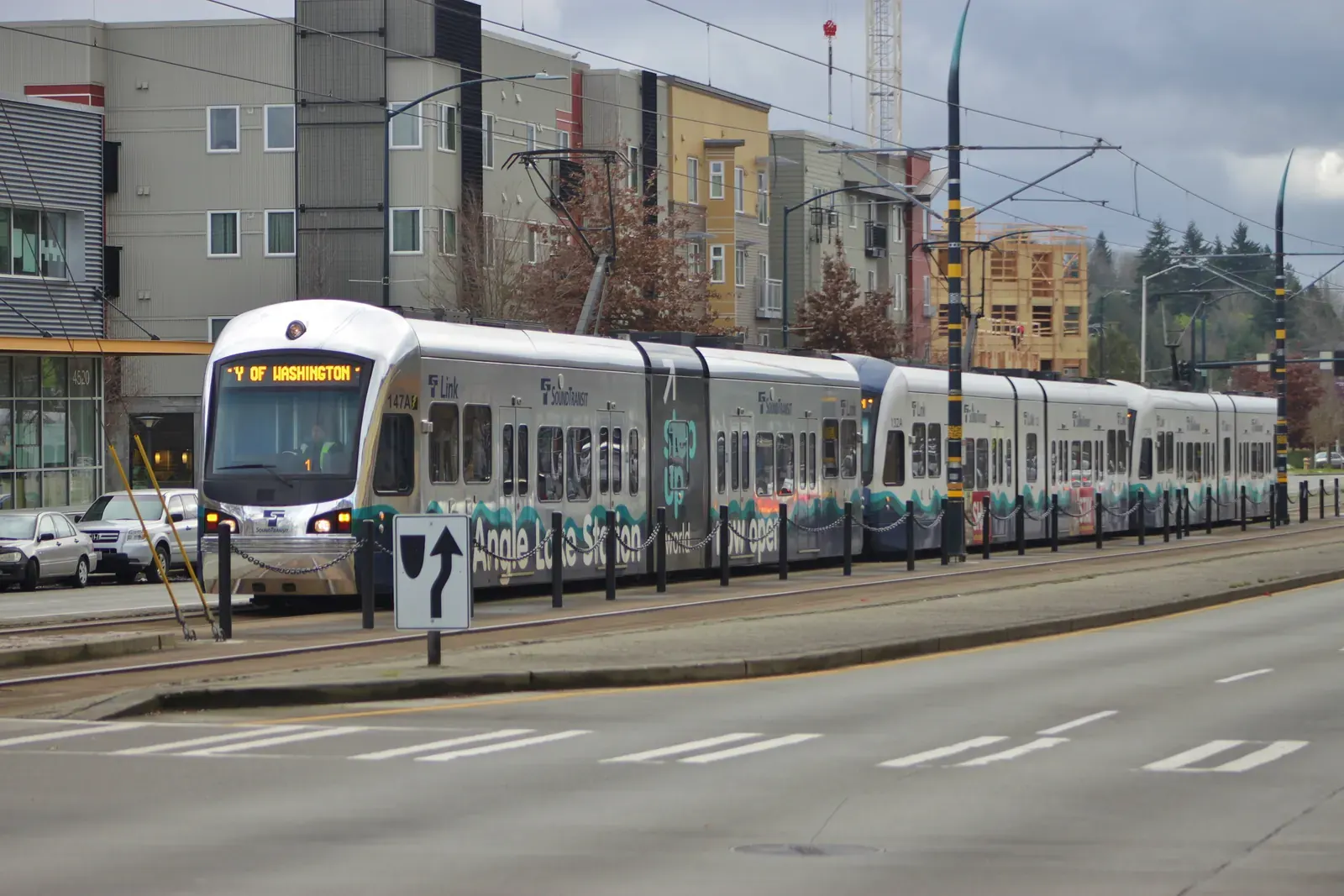 A Sound Transit train operating on an elevated track in Seattle, Washington.