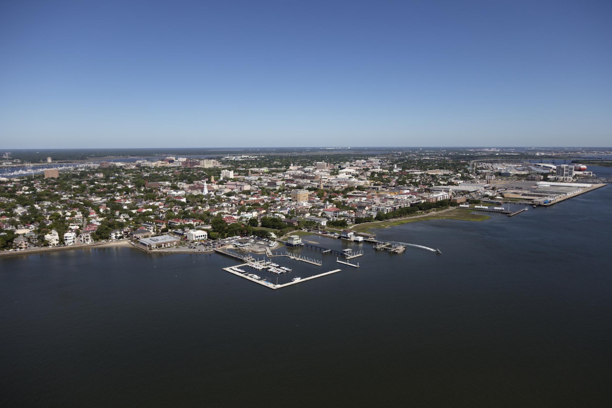 A wide view of Charleston, South Carolina, showcasing its urban landscape and residential areas.