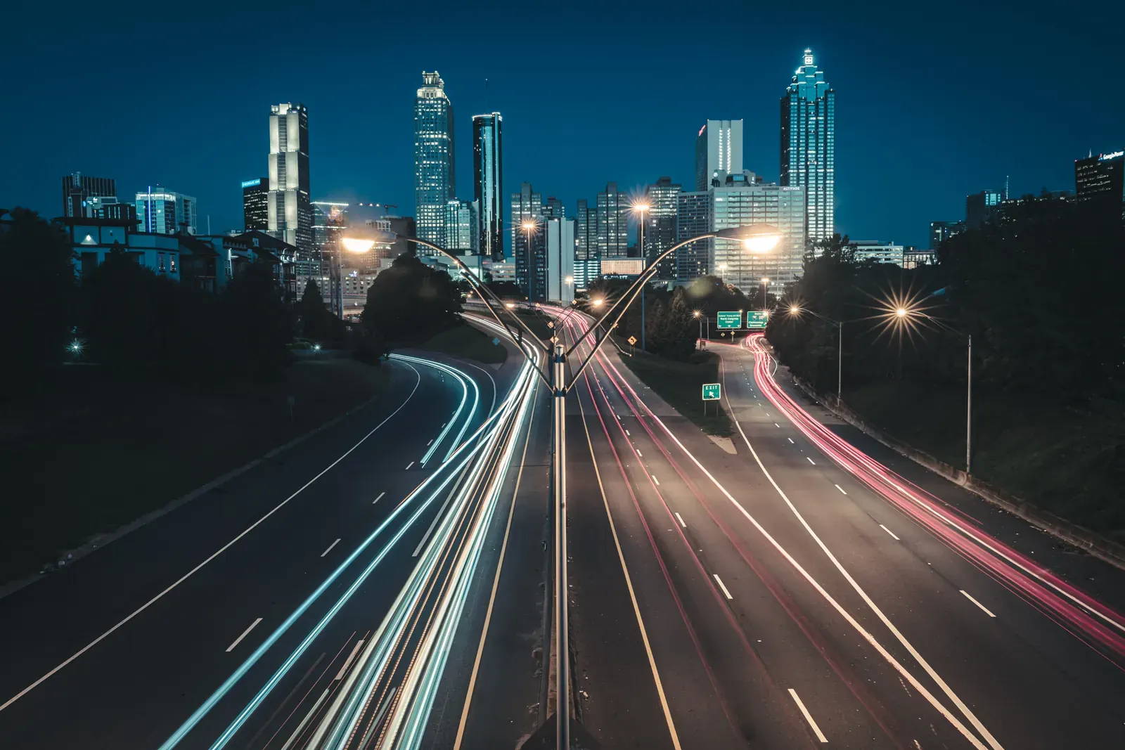 A street scene in downtown Atlanta, Georgia, with buildings and pedestrians.