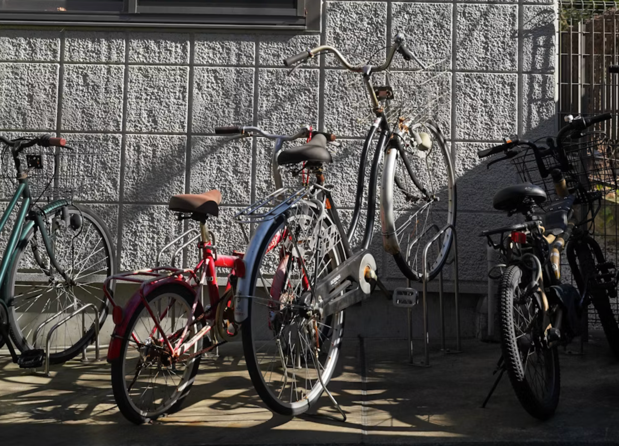 A street scene in Las Vegas showing various types of bike racks.