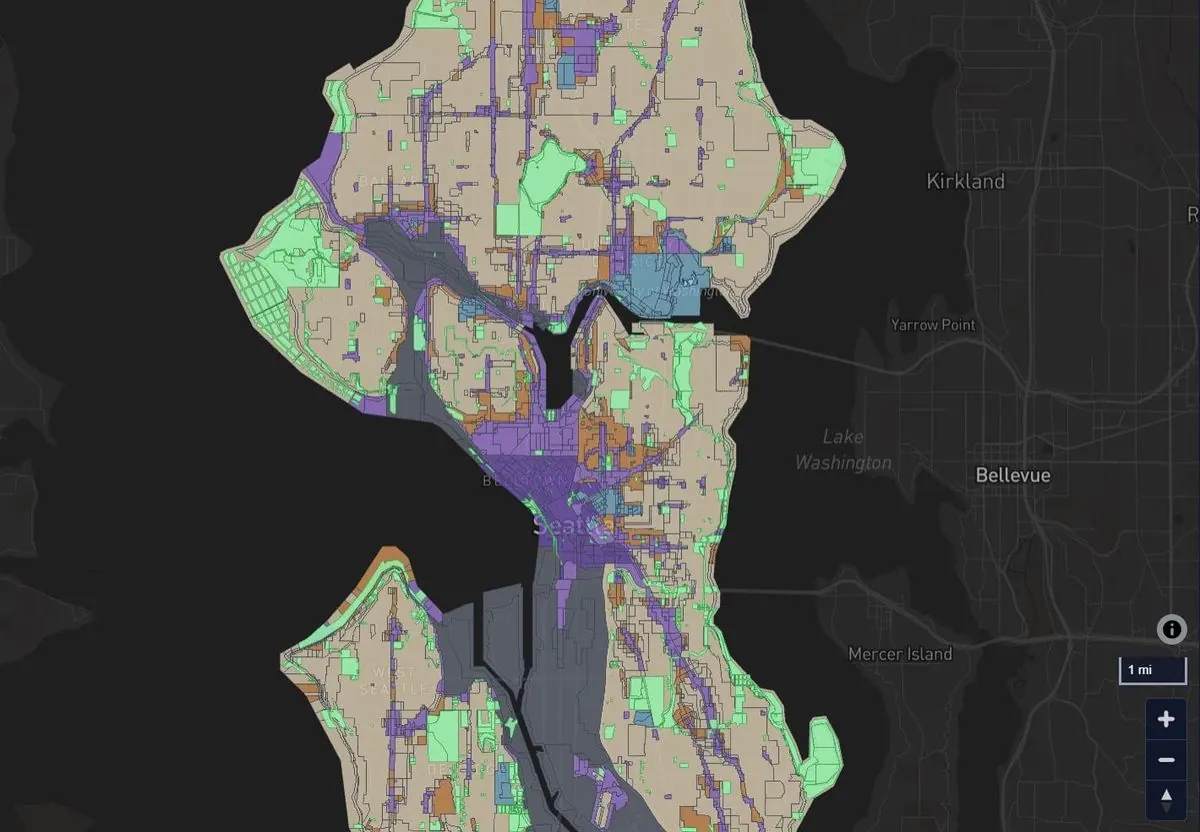 Screenshot of the Seattle Atlas interactive map showing simplified zoning categories and transit routes.