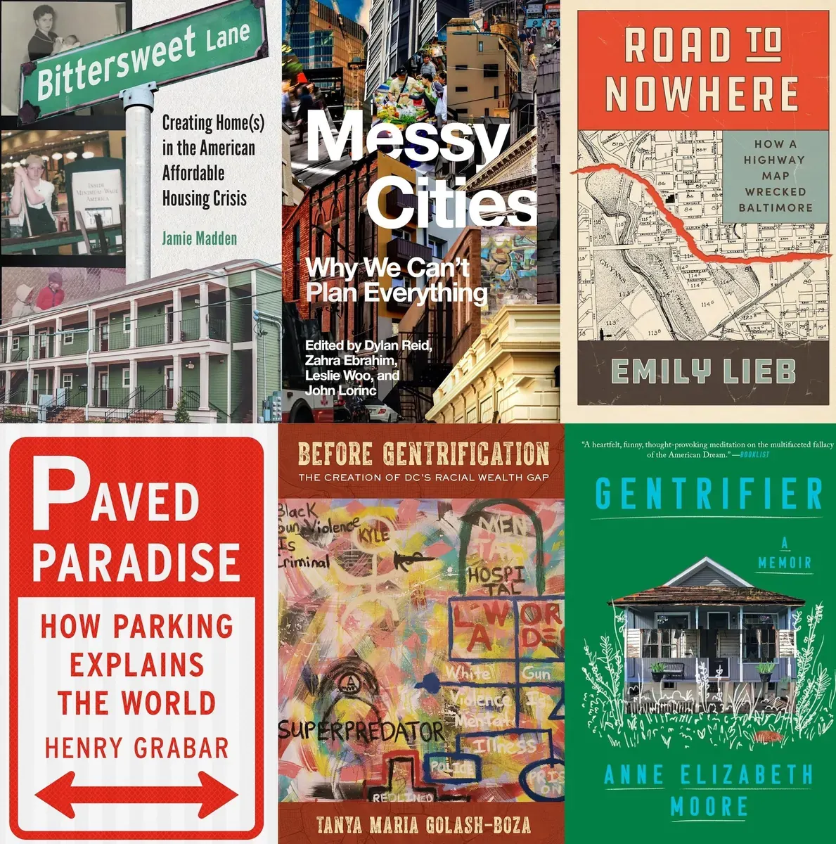 A collection of books related to urban planning and city development are neatly arranged on a shelf.