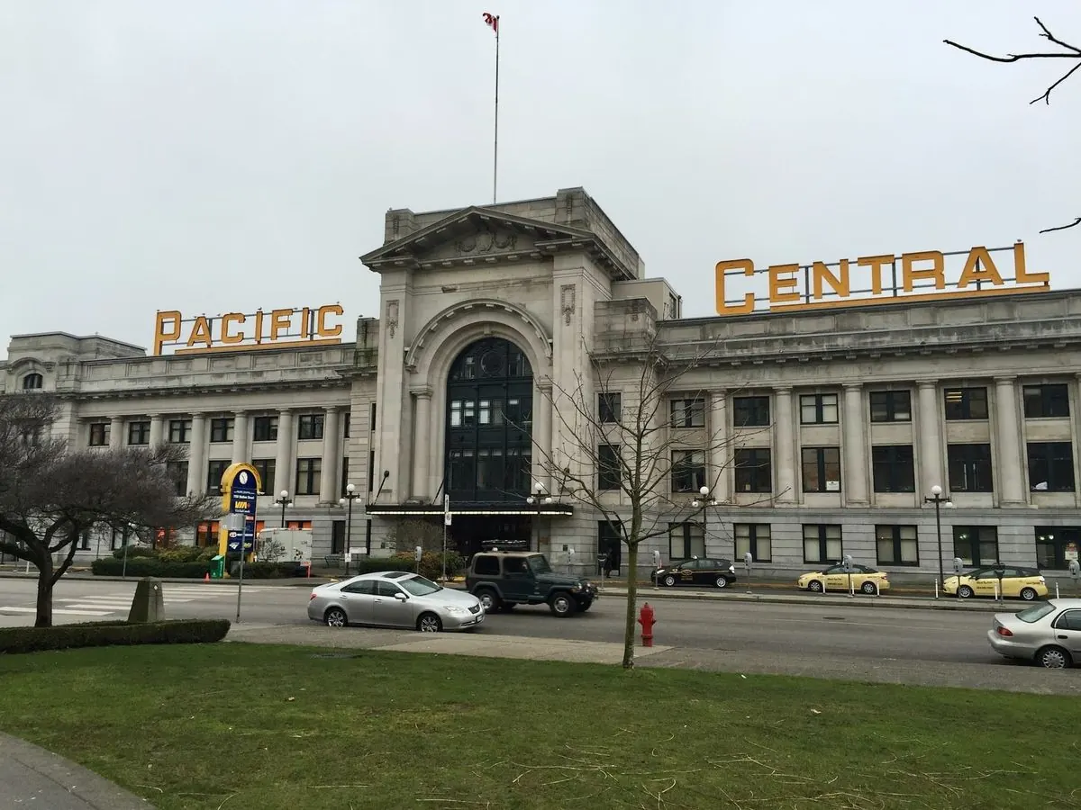 Amtrak Cascades train at Pacific Central Station in Vancouver, British Columbia.