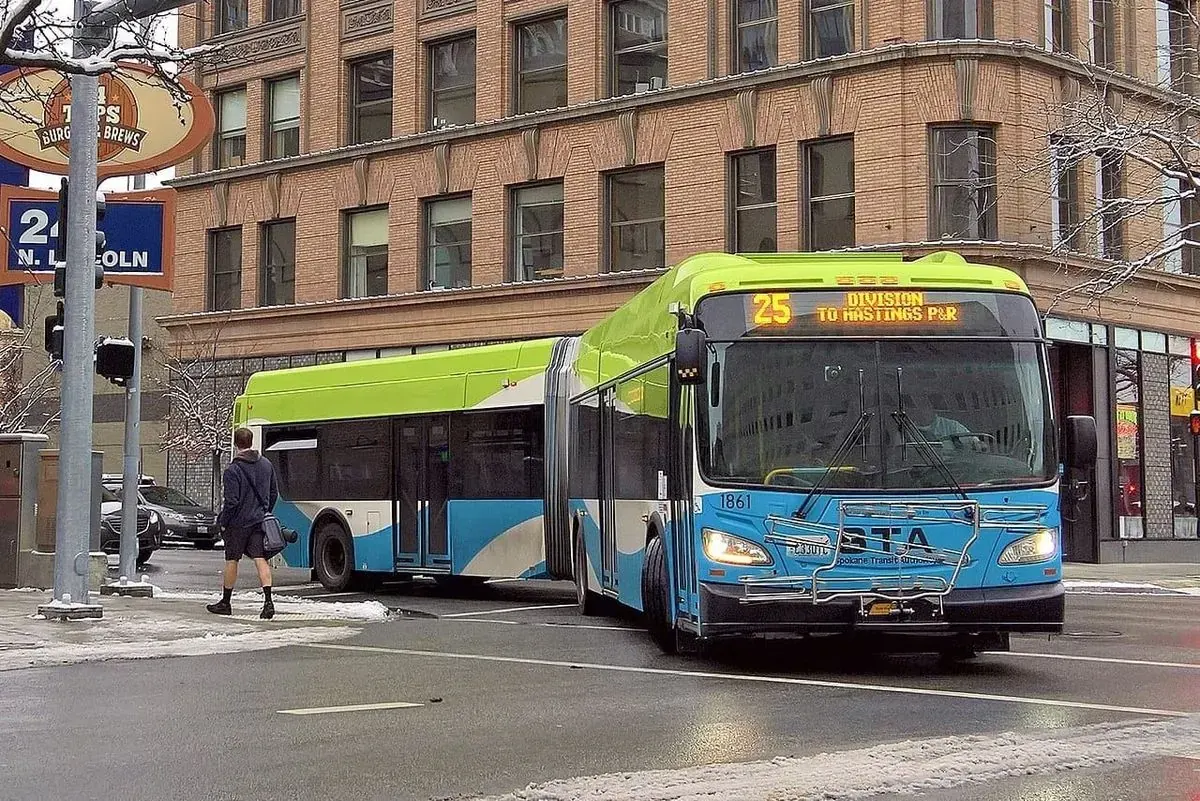 A Spokane Transit Authority bus on a city street.