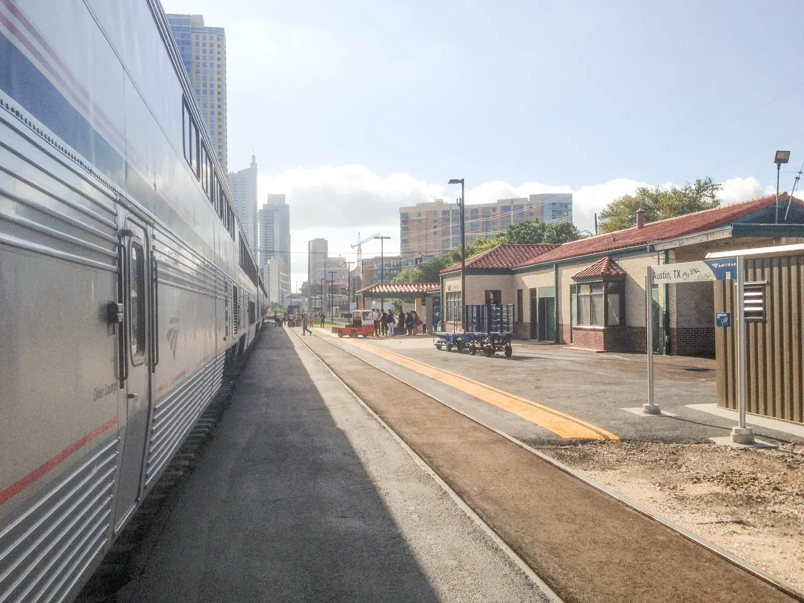 An Amtrak train at a station in Austin, Texas.