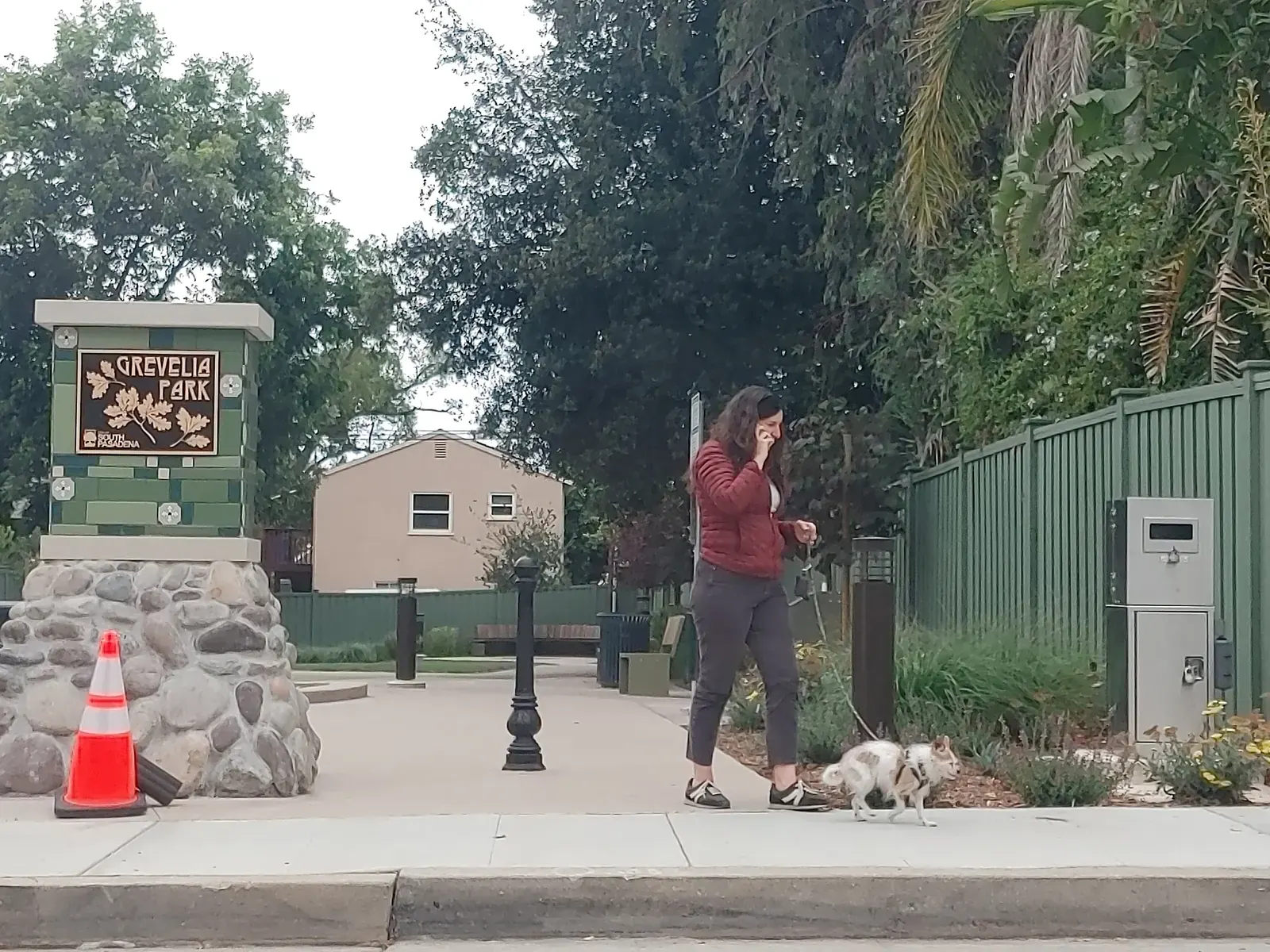 Grevelia Pocket Park in South Pasadena, featuring seating, a small playground, and dog amenities.