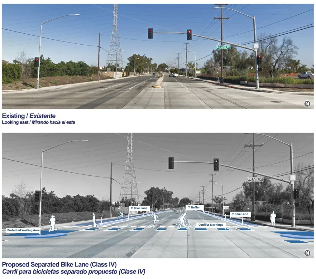 A street scene in Carson, California, depicting a road with potential for improved bicycle lanes.