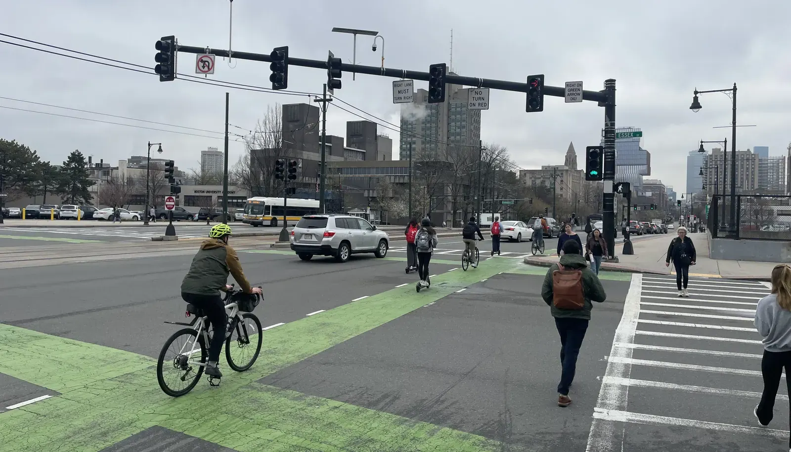 A street in Boston, Massachusetts, with clear pedestrian crossings and traffic calming measures.