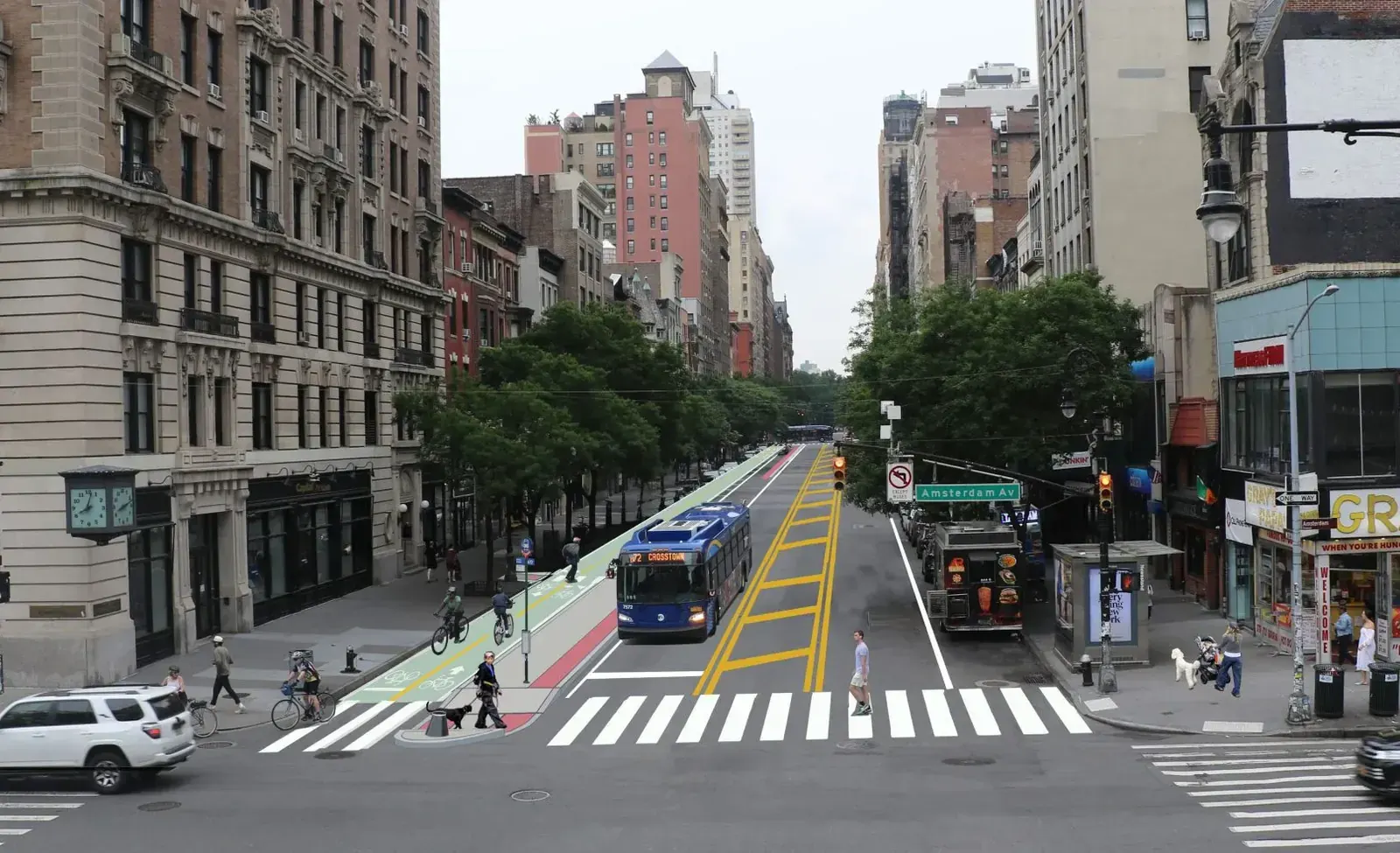 A street in New York City with traffic and pedestrian activity, illustrating the urban environment where street redesigns are proposed.