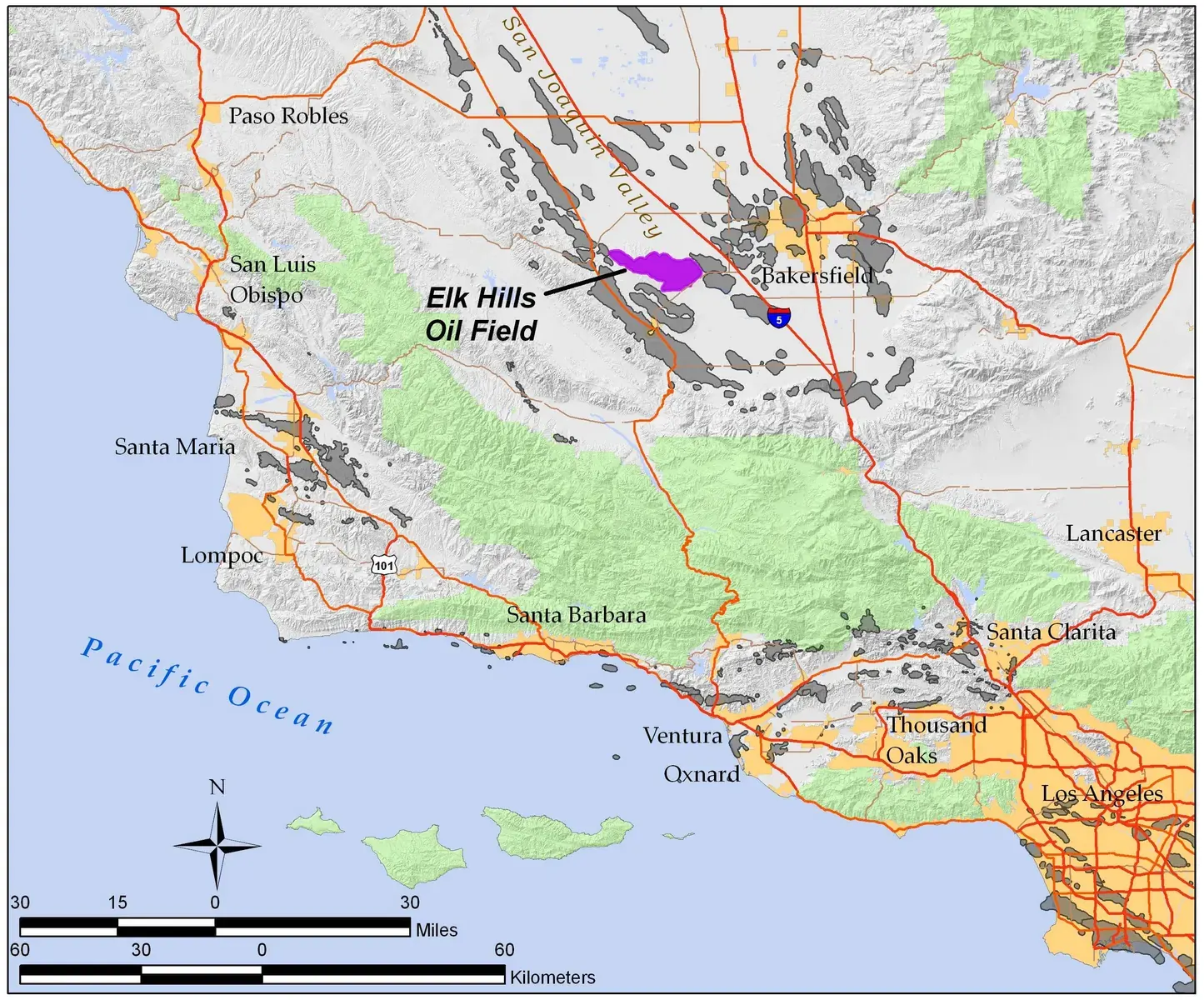 The Elk Hills oil field in central California, an area of oil extraction and potential industrial repurposing.