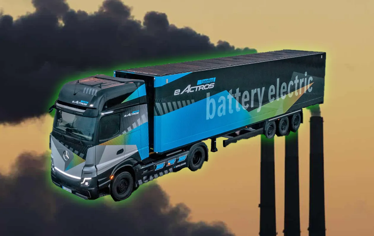 A view of urban traffic with a focus on electric buses and trucks, symbolising the transition to cleaner transportation.
