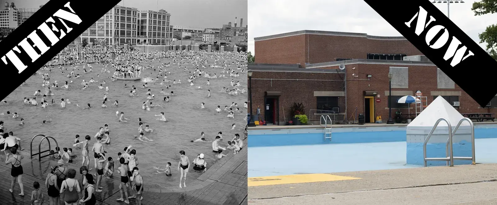 The Red Hook Pool in Brooklyn, New York City, with spray showers operational.