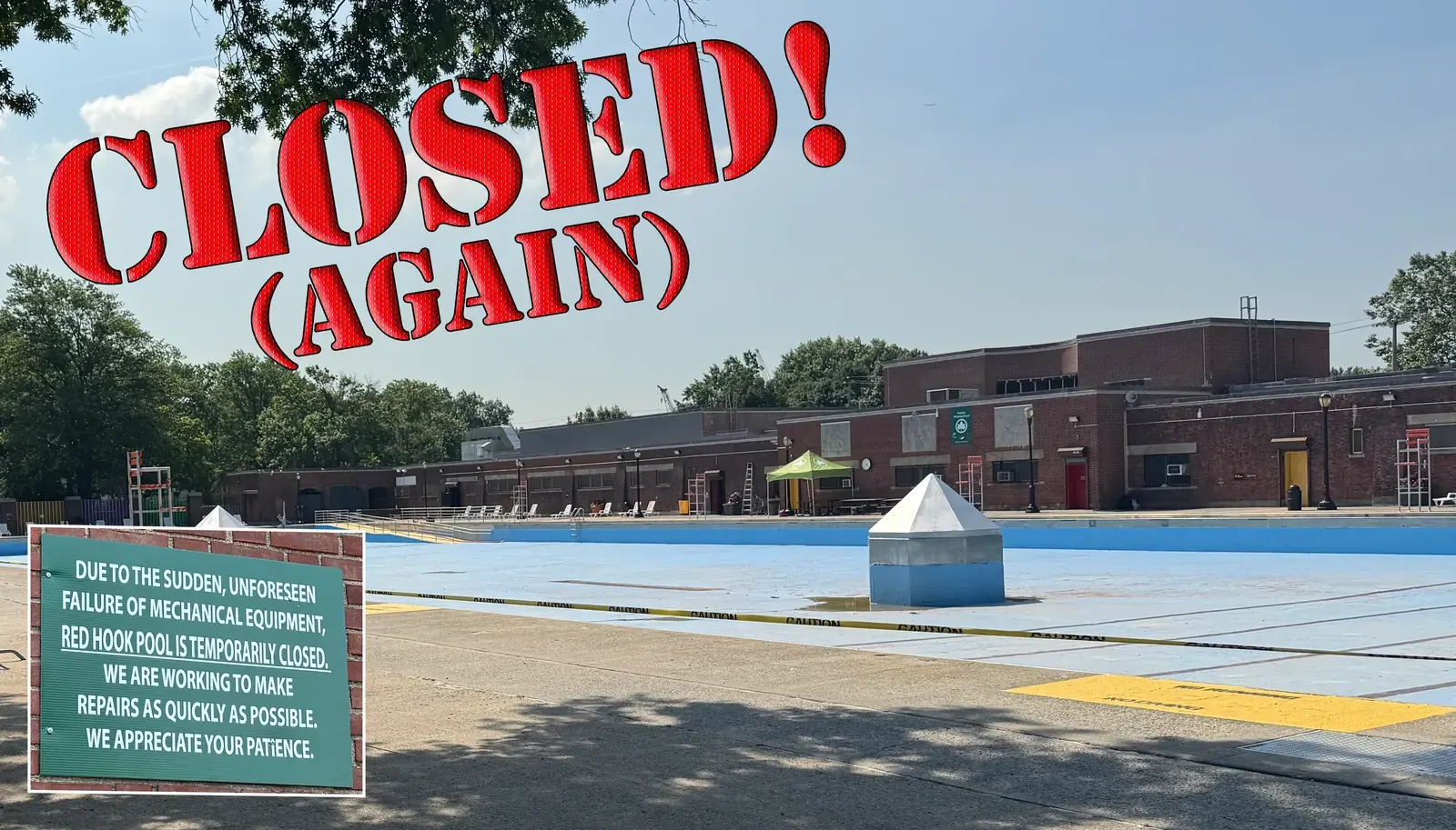 The closed entrance to the Red Hook Pool with a sign indicating its temporary closure.