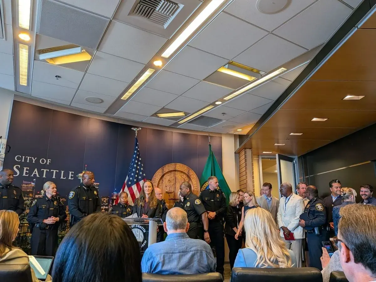 Seattle Mayor Katie Wilson at a press conference discussing police leadership changes