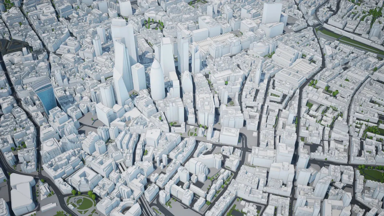 View of a US city with residential buildings and construction cranes against a skyline