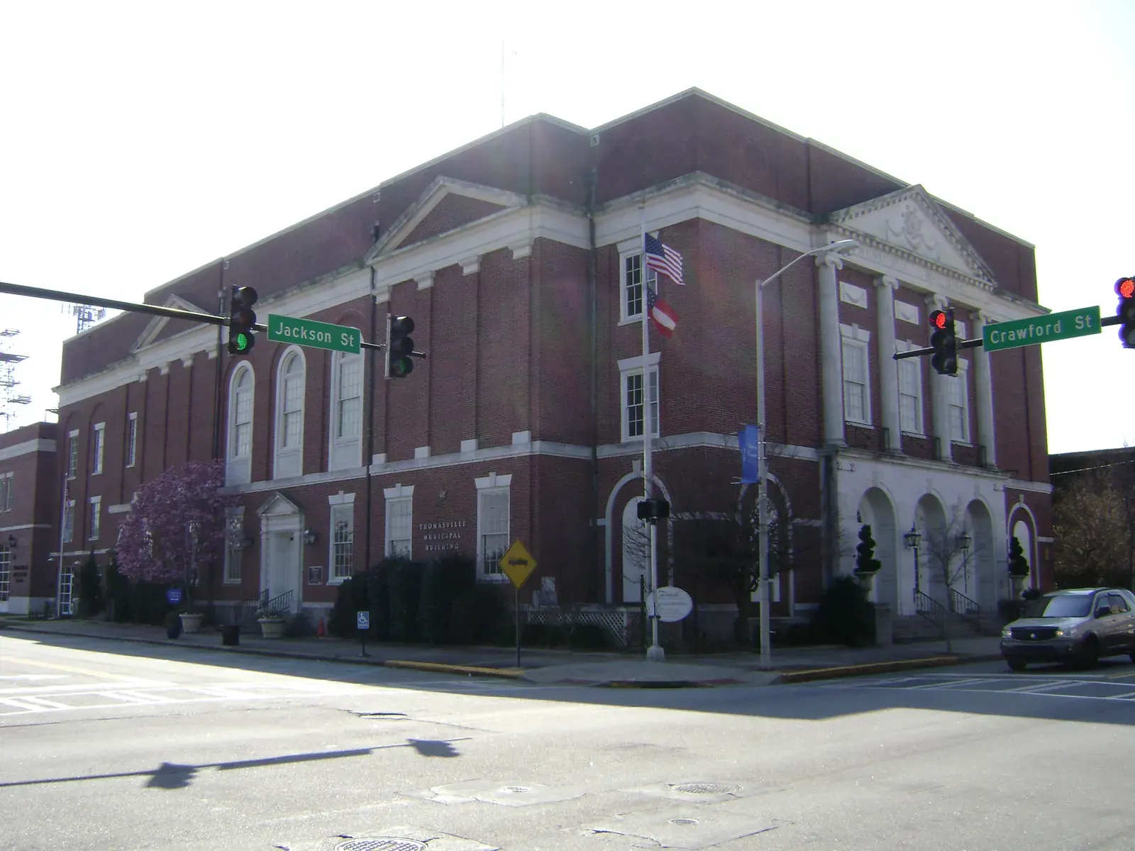 Exterior of a US city hall building with municipal government signage